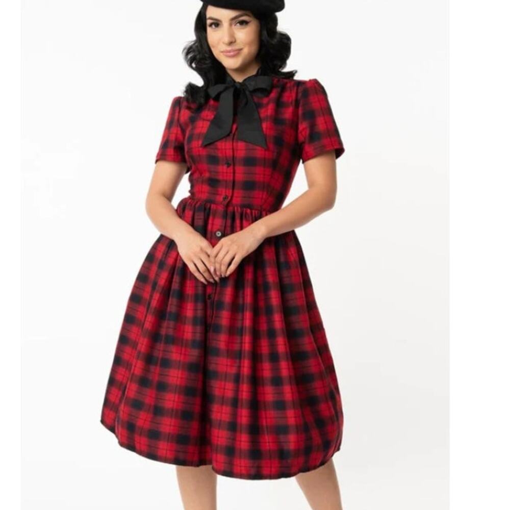 Unique Vintage Womens Cora Fit & Flare Dress 2X/18 Flannel Plaid Dark Academia